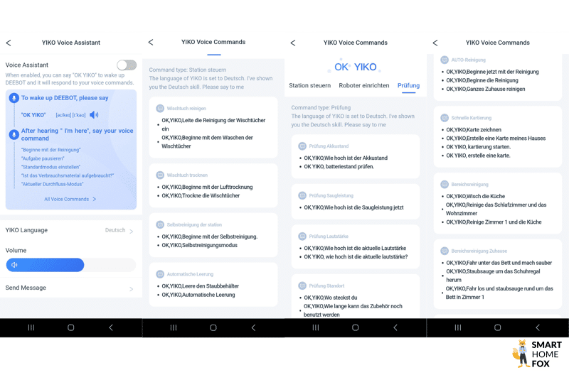 Die verschiedenen YIKO Sprachkommandos werden in der ECOVACS DEEBOT T20 OMNI App dargestellt.